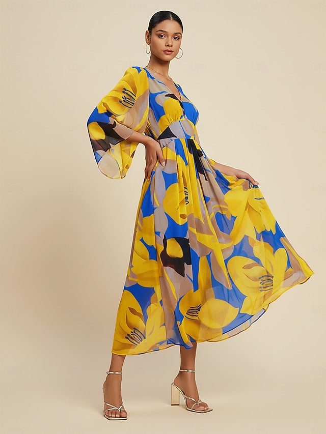 Women's Maxi Dress Chiffon Abstract Floral Print Sheer