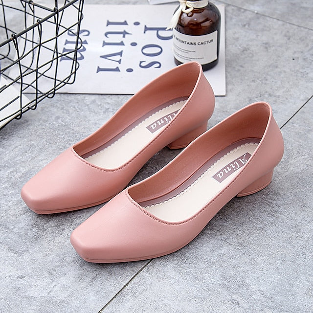 Women's Toe Classic Low Heel Pumps Black Round Slip-On –