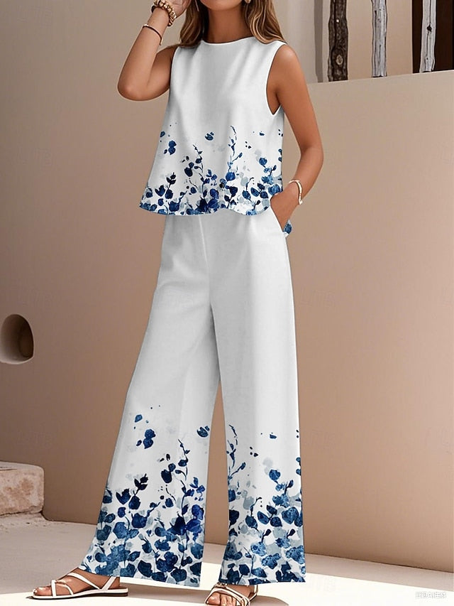 Women's Pants Sets Faux Cotton Linen Sleeveless Crew Neck