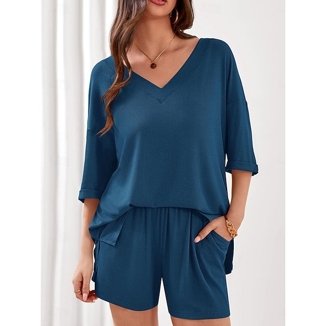 Women's Shorts Sets 3/4 Length Sleeve V Neck Solid Color