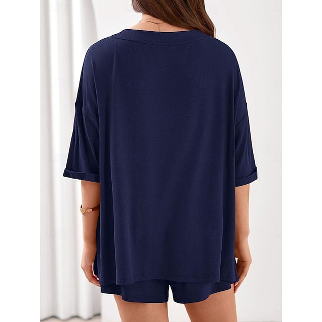 Women's Shorts Sets 3/4 Length Sleeve V Neck Solid Color