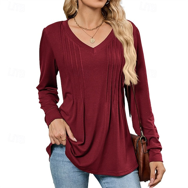 Women's T Shirt Plain Casual Long Sleeve V Neck Regular