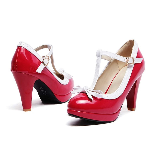 with Leather White Patent T-Strap Women's High Heels Black