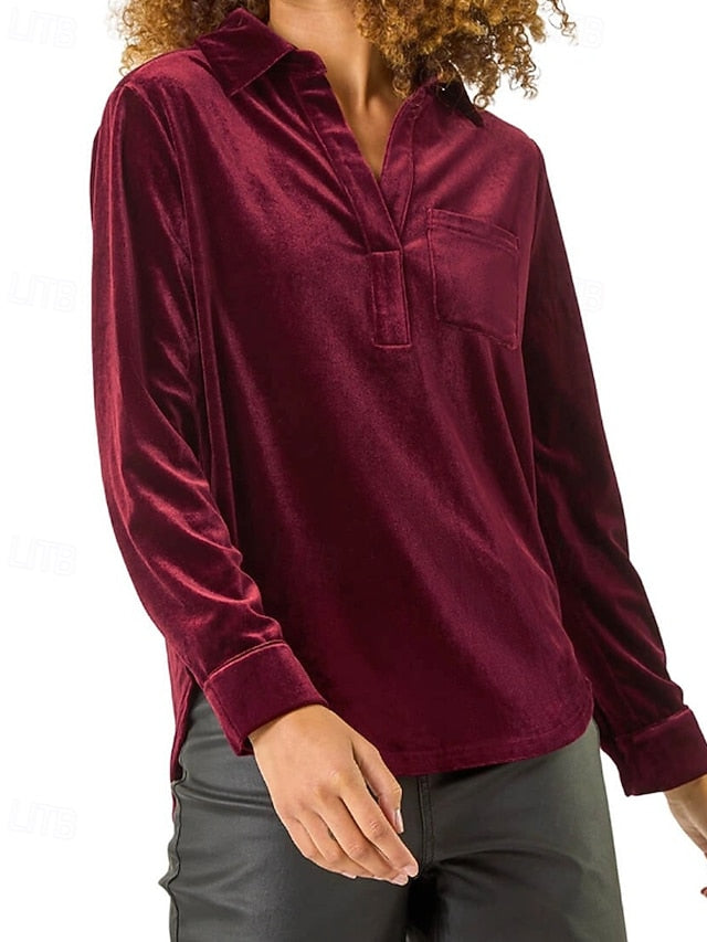 Women's Velvet Blouse Buttons Plain Vintage Stylish Long