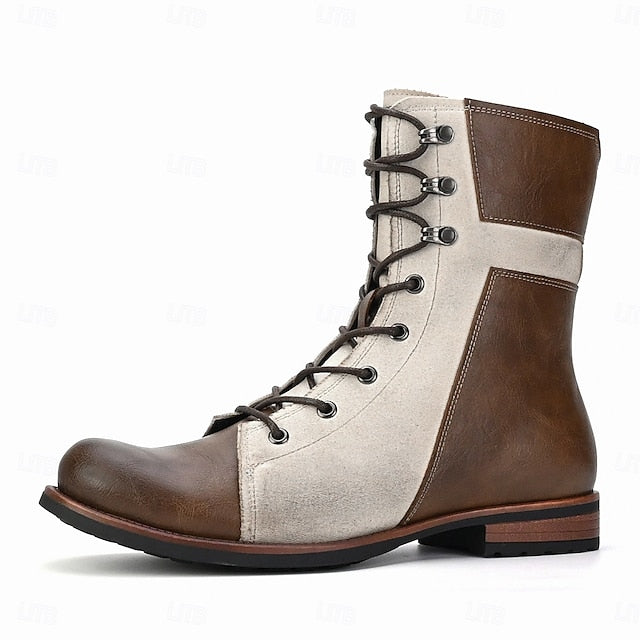 Faux Boots Leather Men's Lace-Up Two-Tone Vintage Mid-Calf