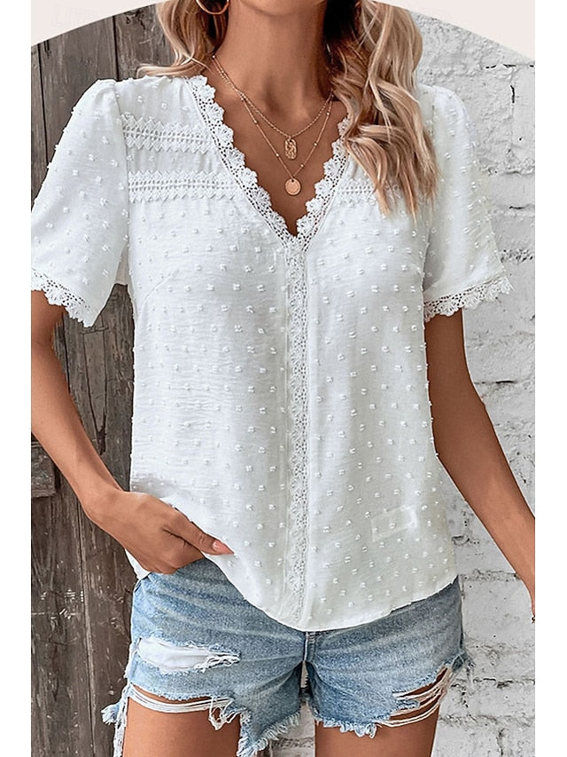 Women's T Shirt Lace Solid Color Fashion Short Sleeve V