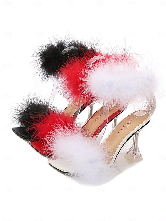 Clear with High Turquoise Feather-Embellished Heel Sandals