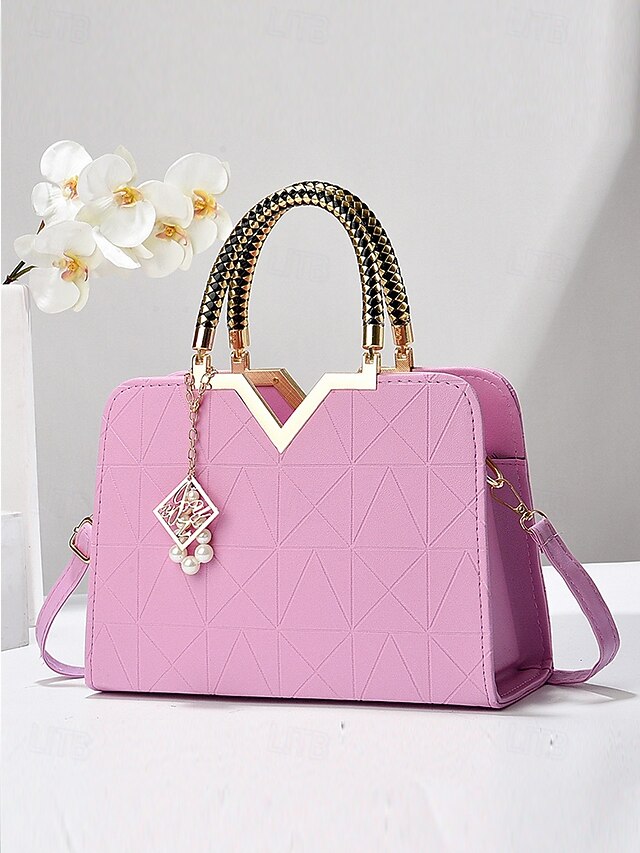 Women's Faux Leather Handbag with Pearl Pendant – Elegant