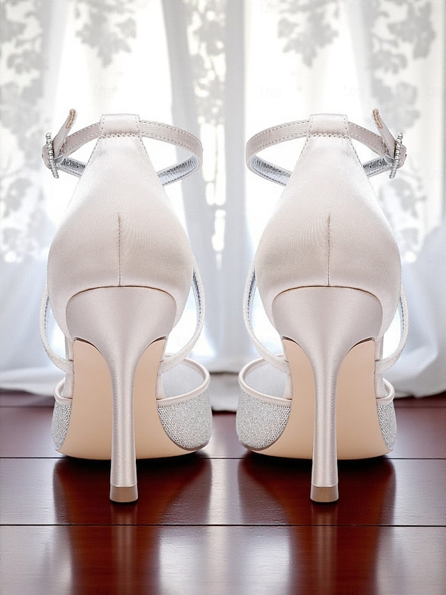 Stiletto Elegant Silver - Ankle Women's Heels Strap Glitter