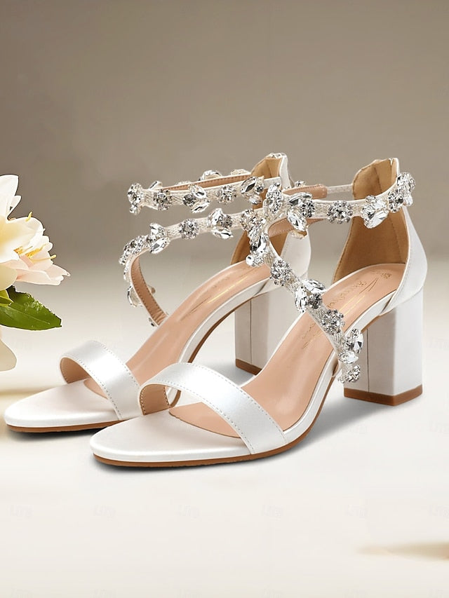 Heel Pink Straps with Crystal Women's Sandals Block Satin