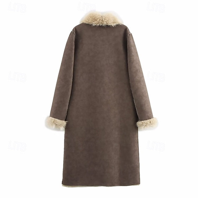 Fur Buttons Pocket Faux Coat Comfortable Warm Women's