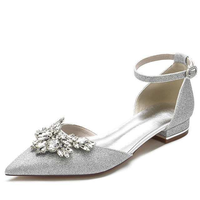 Rhinestone Satin White Flats Floral Design – Women's with