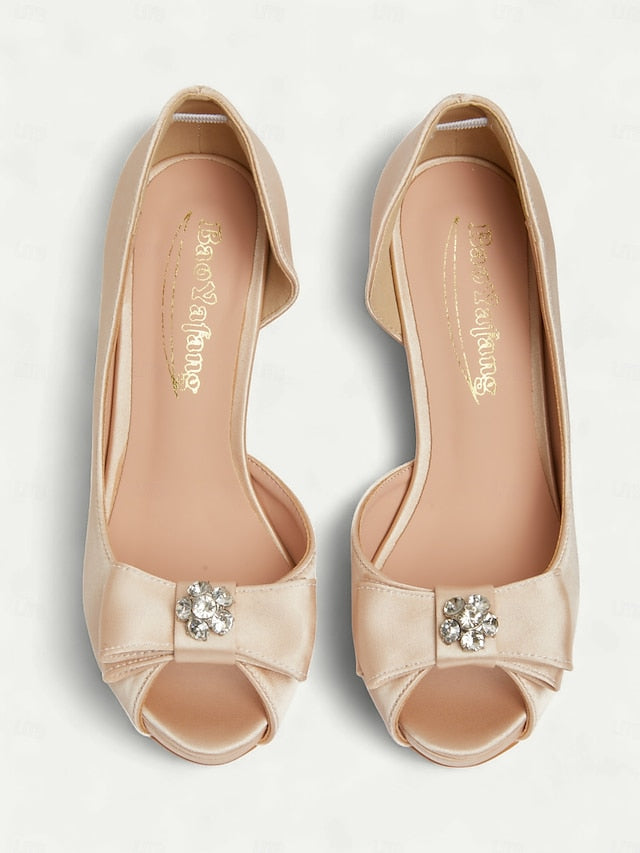 Satin Peep Toe with Heels Women's and Champagne Bow