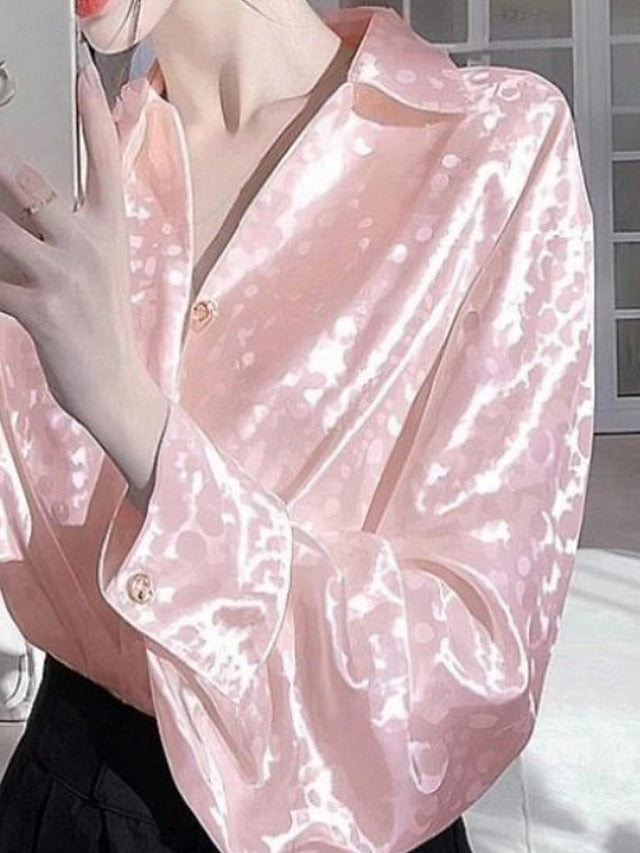 Women's Shirt Elegant Dressy Satin Top Buttons Polka Dot