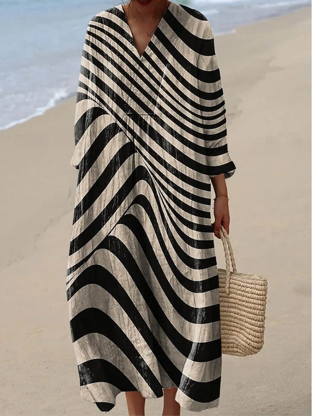 Women's Midi Dress V Neck Long Sleeve Kaftan Lightweight