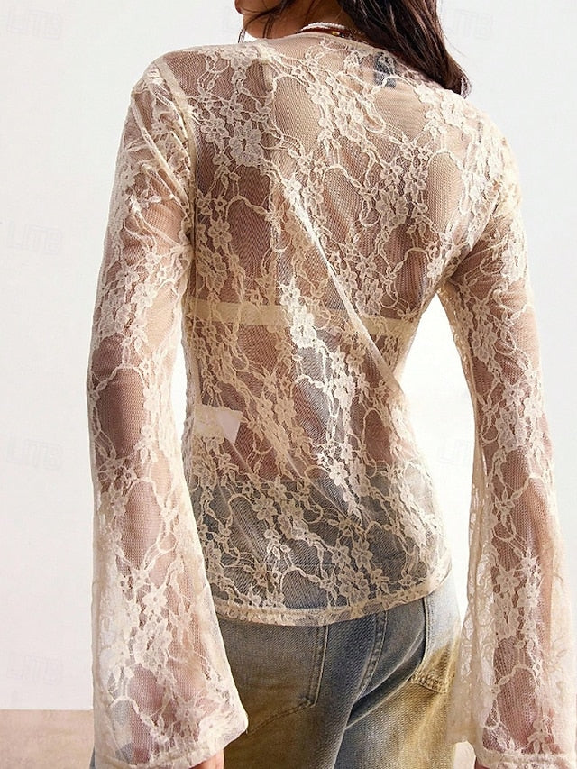 Women's Blouse Lace Buttons Plain Stylish Long Sleeve V