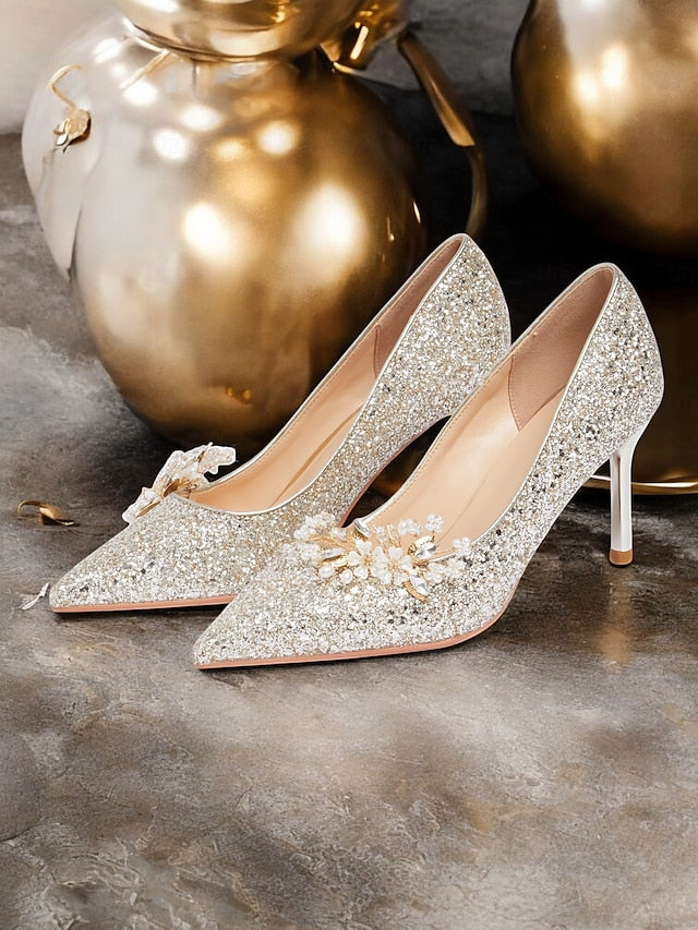Heels Floral Silver with Women's Glitter Stiletto