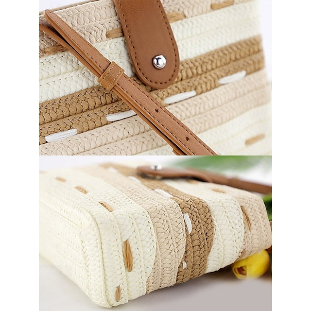 Striped with Bag Colorblock Women's Straw Woven Brown Tote