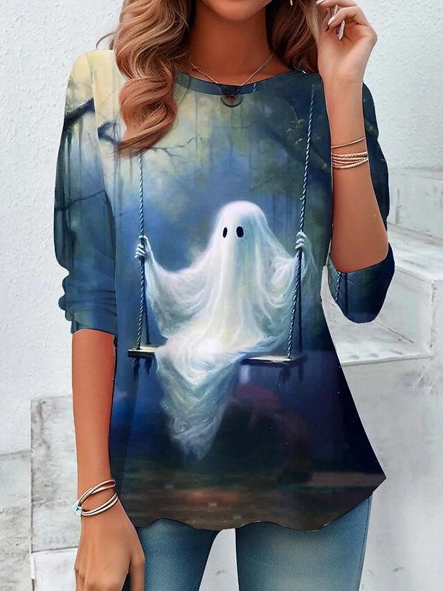 Women's T shirt Ghost Long Sleeve Crew Neck Long Sleeve