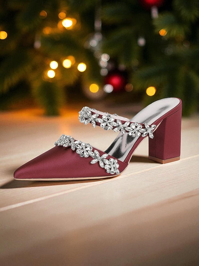 Block Heel Floral with Women's Black Mules Satin Rhinestone