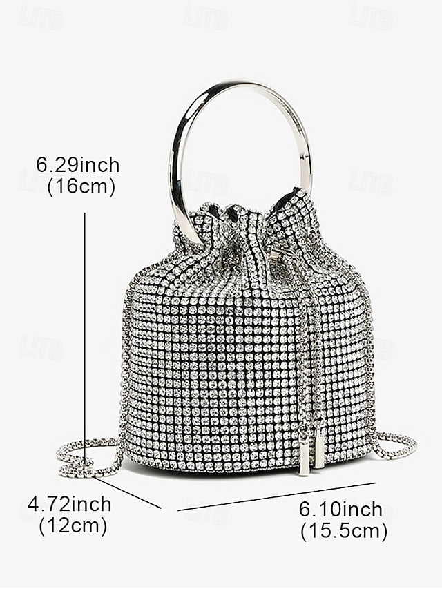 Sparkling Rhinestone Bag with Silver Bucket Women's Metal