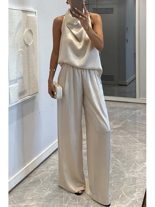 Women's Pants Sets Bolero Top Sleeveless Halter Neck Solid