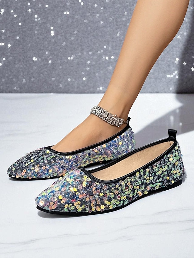 Sparkly Flats Sequin Women's Black Toe Pointed - Ballet