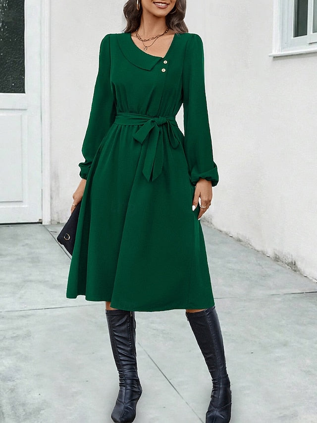 Women's Midi Dress Elegant Dark Green Long Sleeve Belted