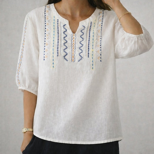 Women's Boho T-shirt Cotton Linen T Shirt Embroidered