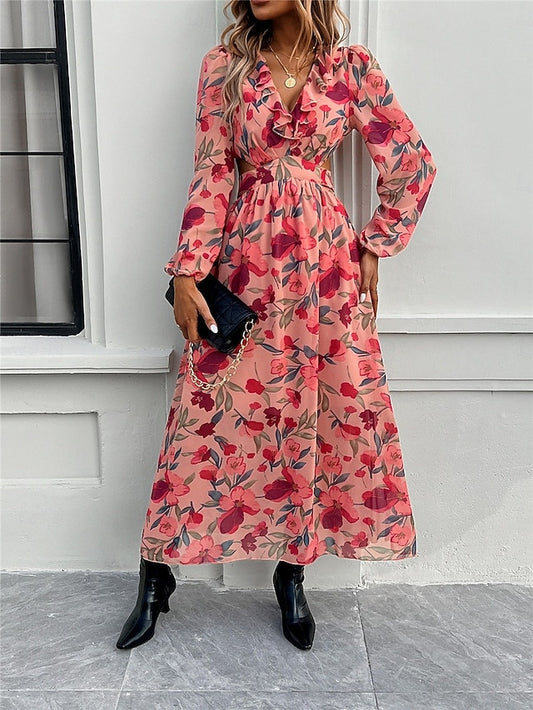 Women's Floral V Neck Maxi Dress Long Sleeve Summer Spring