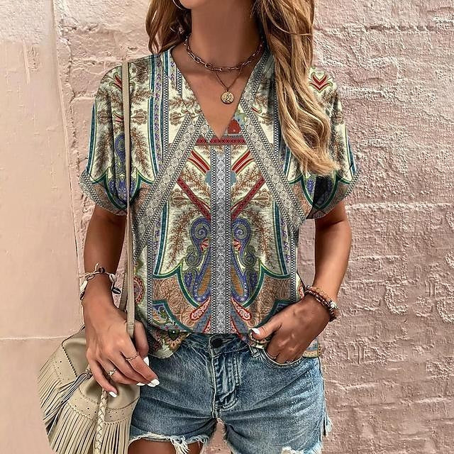 T shirt Tee Women's Black+white+grey Yellow Red Geometic