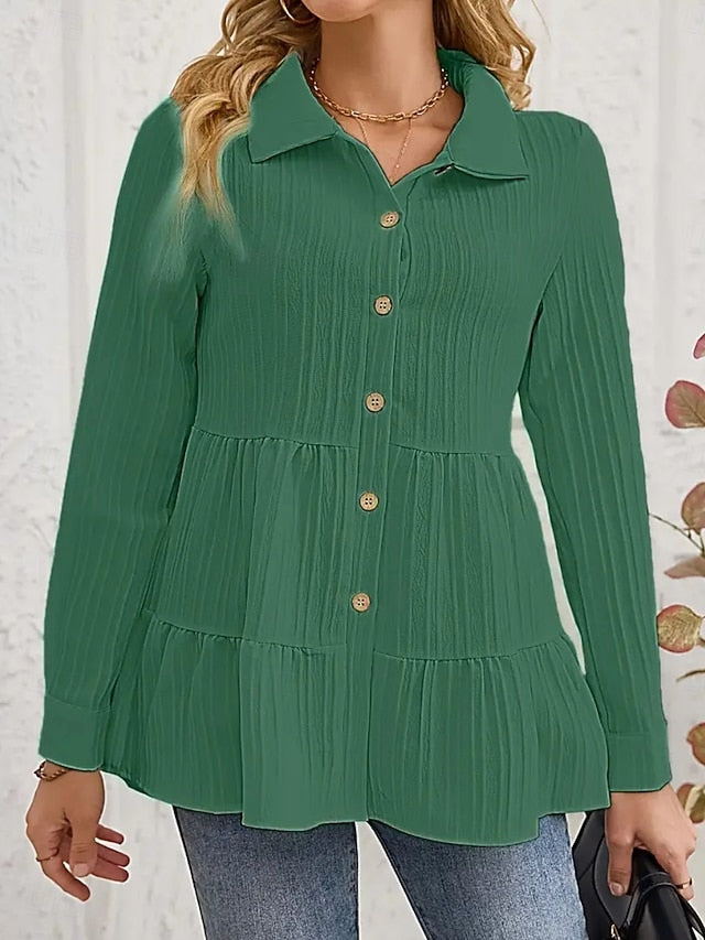 Women's Blouse Ruched Buttons Solid Color Stylish Casual