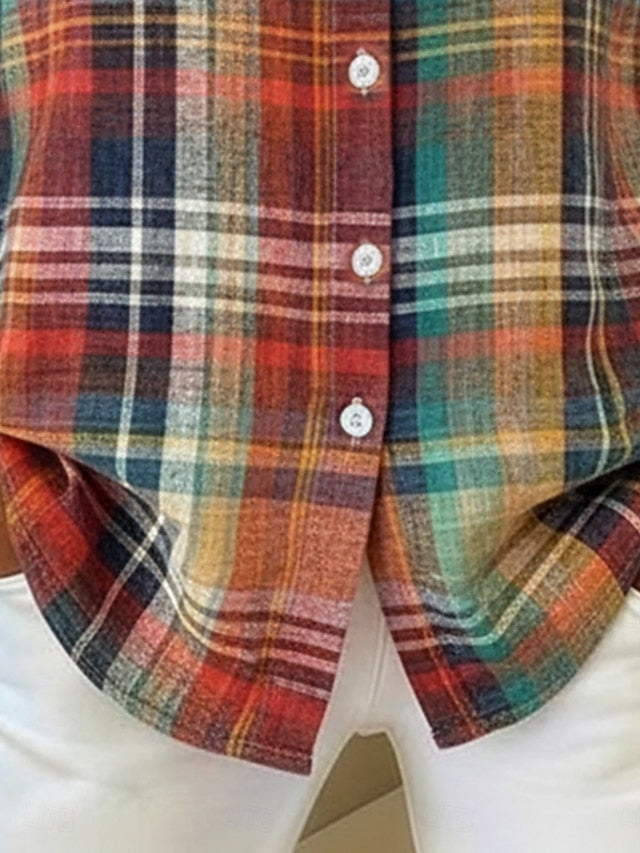 Women's Shirt Faux Cotton Linen Buttons Print Plaid Bohemia