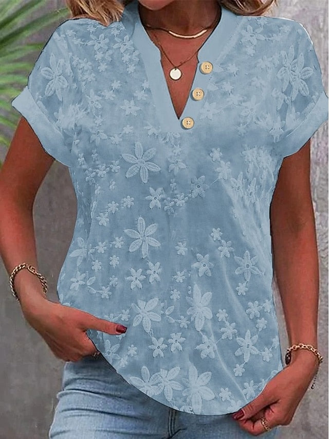 Women's Blouse Lace Solid Color Stylish Casual Short Sleeve