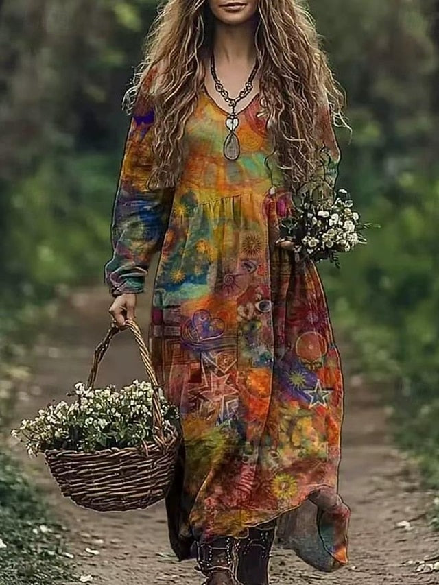 Women's Boho Dress Floral V Neck Maxi Dress Vintage Dress
