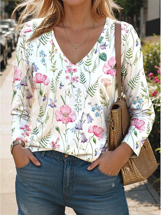 Women's T Shirt V Neck Long Sleeve Tunic Floral Fashion