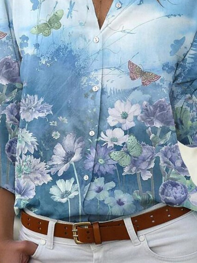 Women's Shirt Blouse Buttons Print Floral Stylish Casual