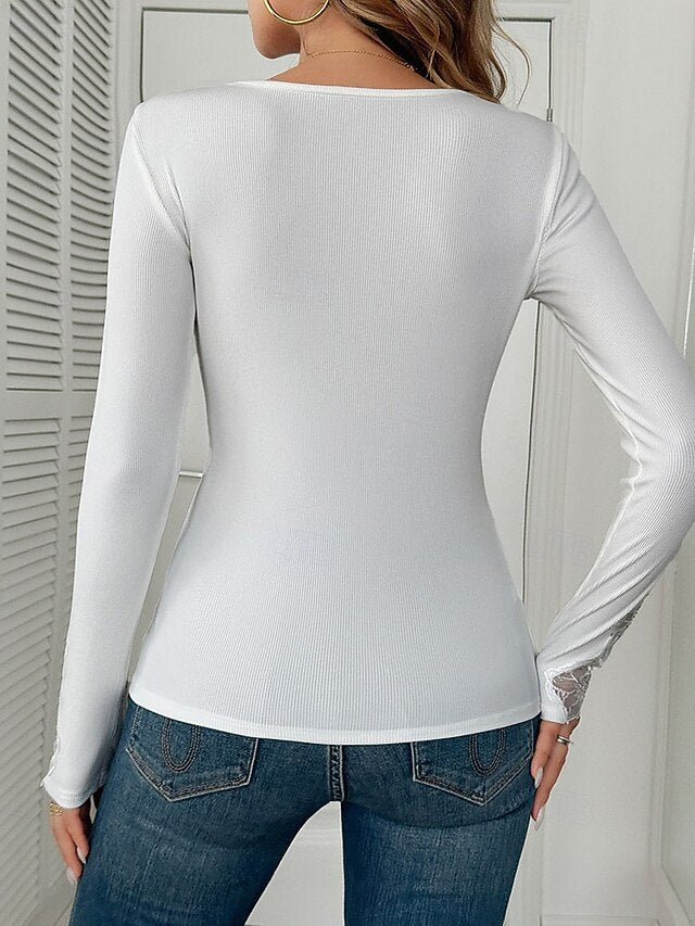 Women's T Shirt Tee Top Lace Patchwork Solid Color Elegant