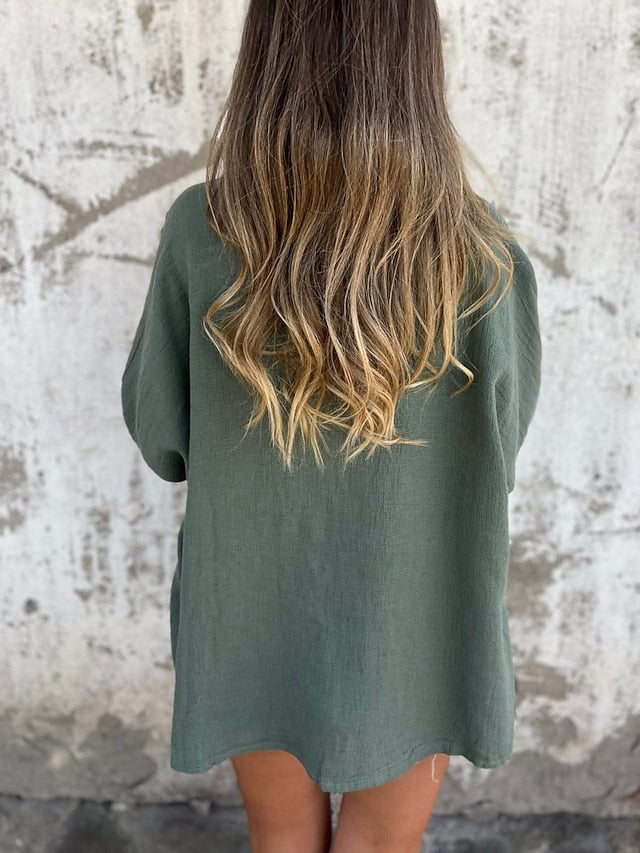 Women's Shirt Button Up Blouse Faux Cotton Linen Buttons