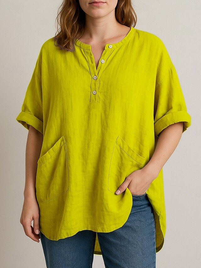 Women's Cotton Linen Shirts Pocket Buttons Print Plain