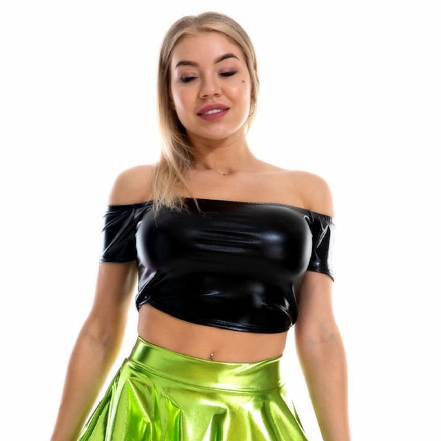 Metallic 1980s Shiny Latex Patent Crop Top PU Leather Off