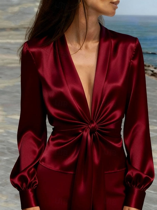 Women's Shirt Blouse Tie Front Plain Stylish Modern Casual