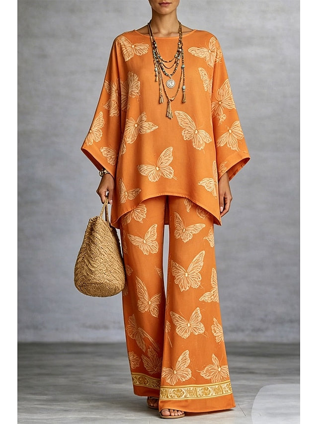 Women's Pants Sets Long Sleeve Round Neck Graphic Butterfly