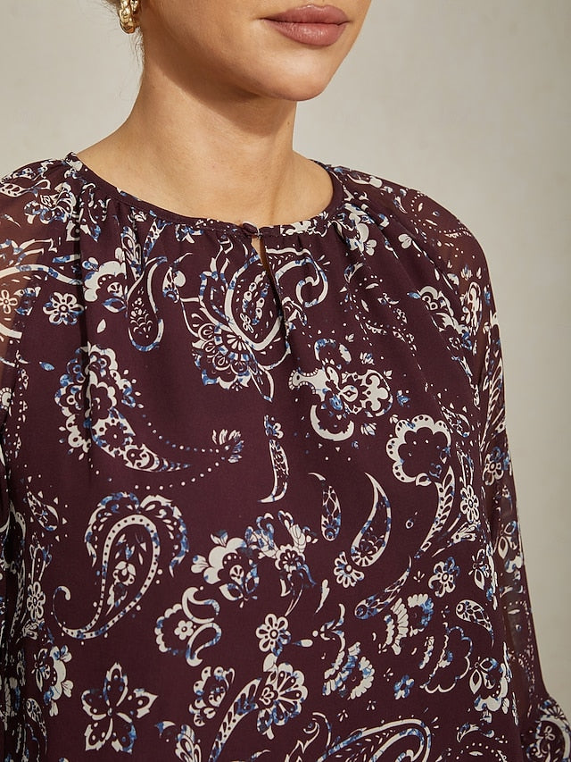 Women's Outdoor Wine Ruffle Crewneck 2 in 1 Fashion Crew
