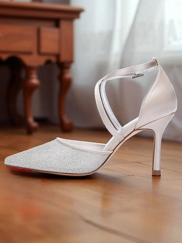 Heels Stiletto Elegant Women's Ankle Silver Strap - Glitter