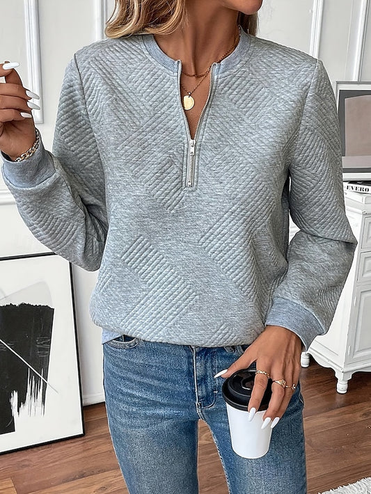 Women's Texture Sweatshirt Quarter Zip Sweater Casual Plain