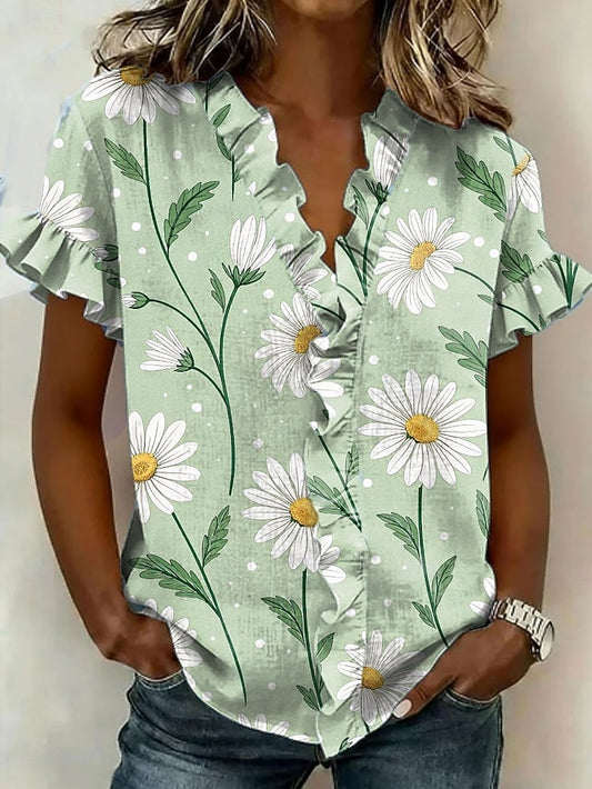 Women's Shirt Tunic Ruffle Floral Graphic Elegant Vintage