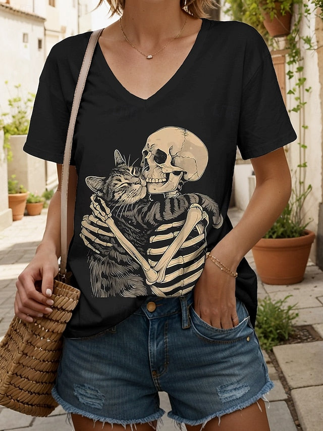 Women's T Shirt Skulls Graphic Cat Vintage Stylish Classic