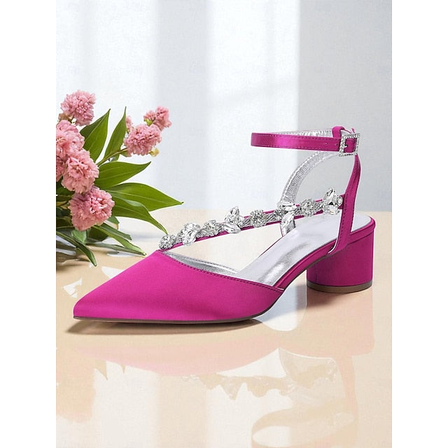 Heel Women's Purple Pumps Satin with Block Rhinestone