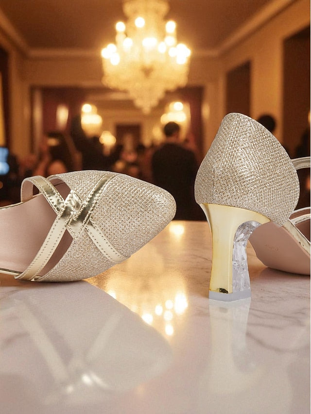 Strap Heel Women's Elegant - Ankle Glitter Pumps Block Gold